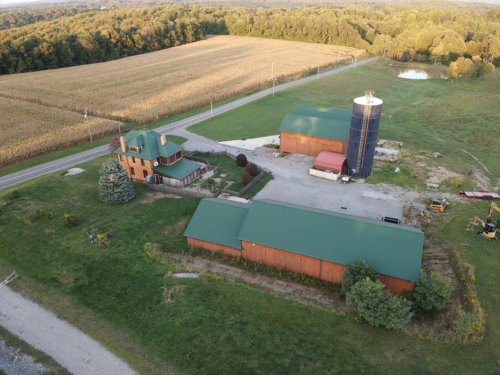 home for sale with bank barn and detached garage office and pond on acreage in beaver falls pa aerial photo